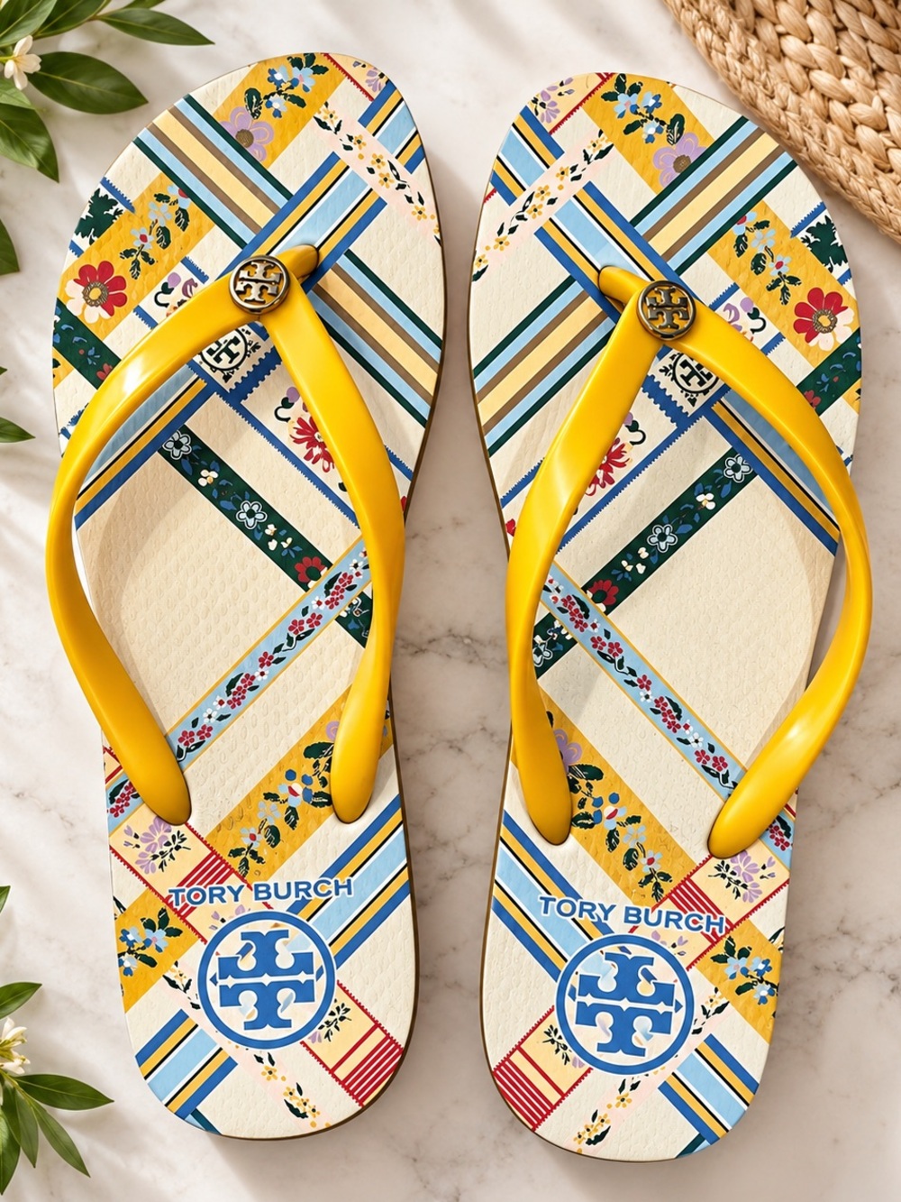 Tory Burch Yellow Floral Patchwork Flip Flops Logo Thong Sandals
